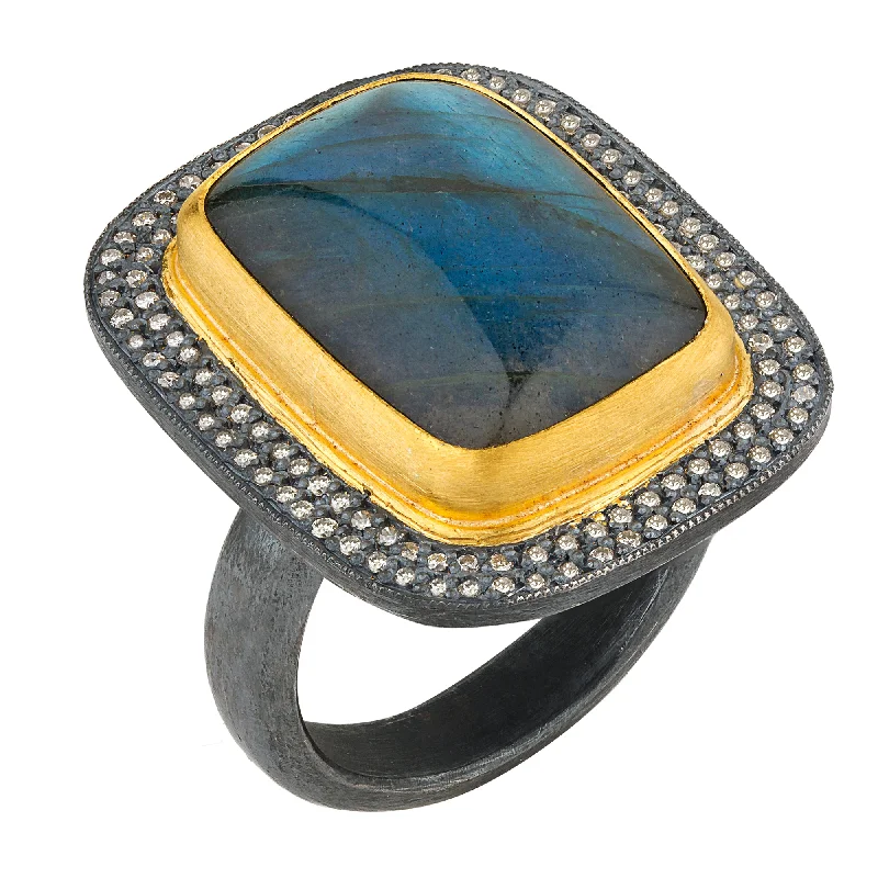 women’s solitaire engagement ring-Lika Behar "Nightfall" Rectangle Labradorite Grey Diamond Ring 24K Gold & Oxidized Silver