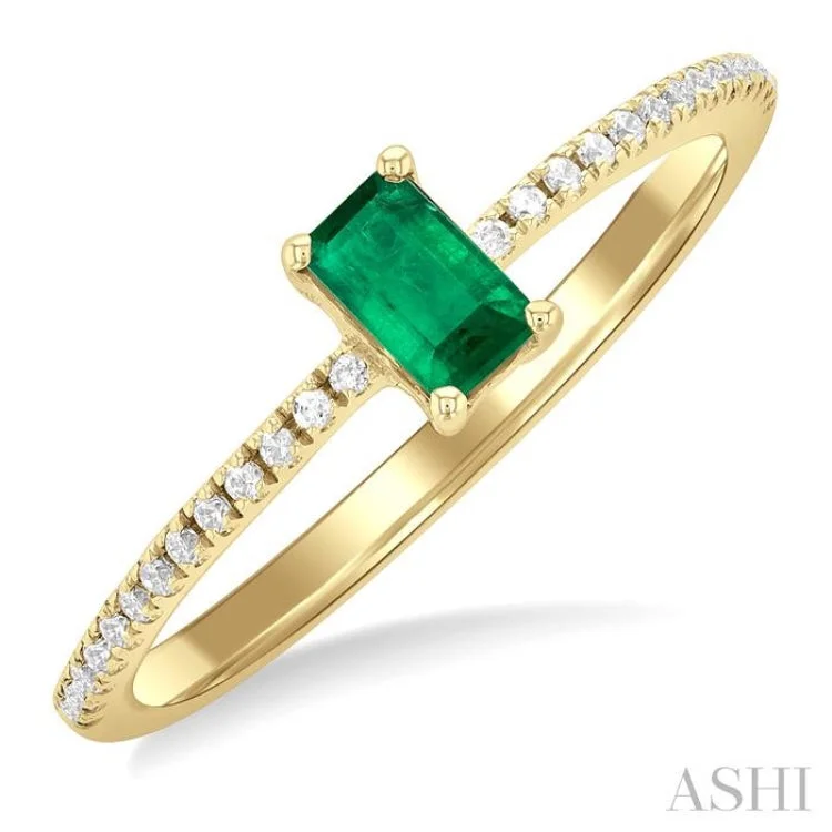 women’s gold band ring-1/10 ctw Petite 5X3MM Emerald Cut Emerald and Round Cut Diamond Precious Fashion Ring in 10K Yellow Gold