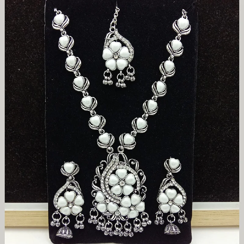 women’s crystal necklace-SP Jewellery Oxidised Plated Pearl And Austrian Stone Necklace Set