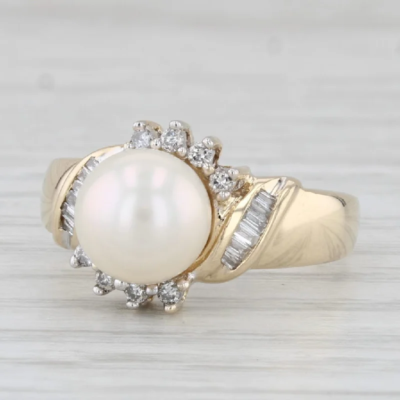 women’s double halo engagement ring-Cultured Pearl Diamond Ring 14k Yellow Gold Size 7