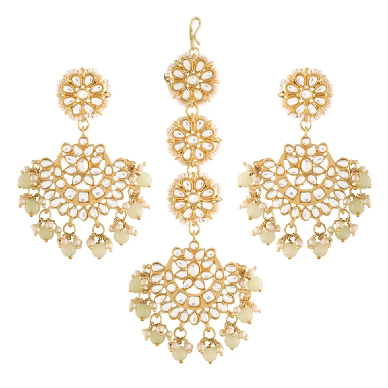 women’s cubic zirconia drop earrings-Etnico18K Gold Plated with Stunning Matte Finish Traditional Kundan & Faux Pearl Chandbali Earrings with Maang Tikka Set (TE2911M)