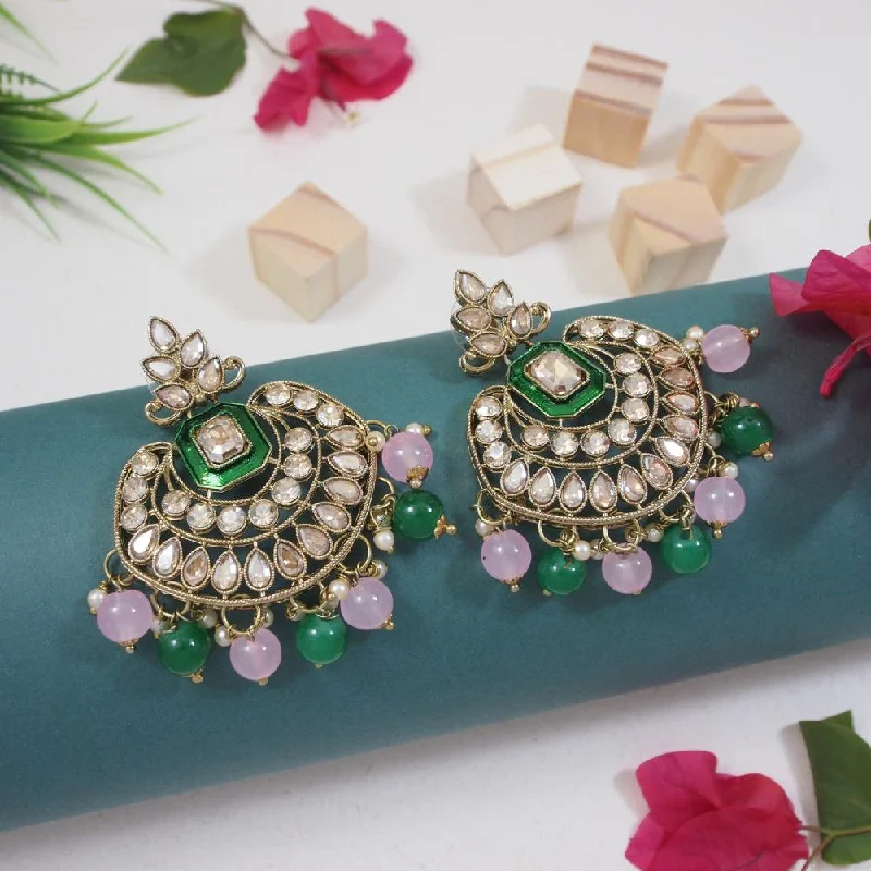 women’s bridal earrings-Etnico Gold Plated Traditional Meenakari Kundan & Pearl Chandbali Earrings For Women (E3254GPi)