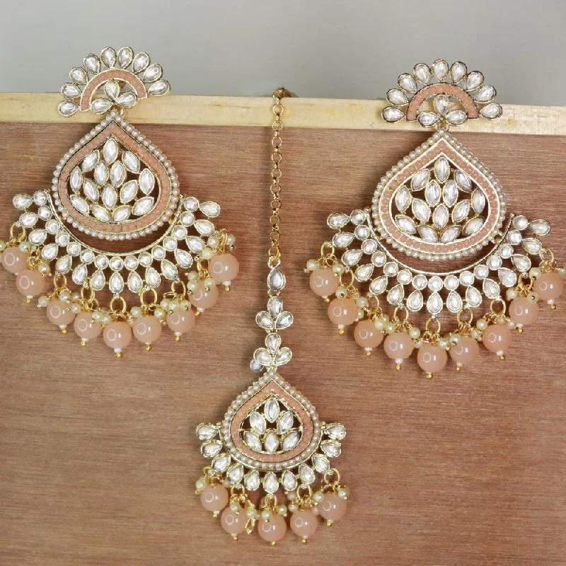 women’s vintage hoop earrings-Etnico Gold Plated Traditional Kundan & Pearl Chandbali Earrings with Maang Tikka Set for Women/Girls (TE3015Pe)