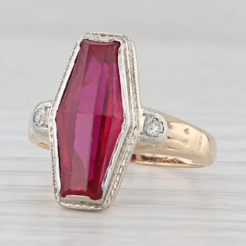 women’s unique engagement ring for women-Vintage Lab Created Ruby Diamond Ring 18k Yellow White Gold Size 5.5