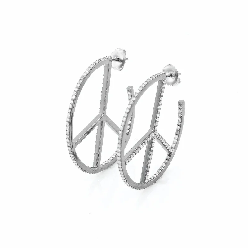 women’s floral earrings-Peace Sign Pave Diamond Hoop Earrings - 40mm  E0000585