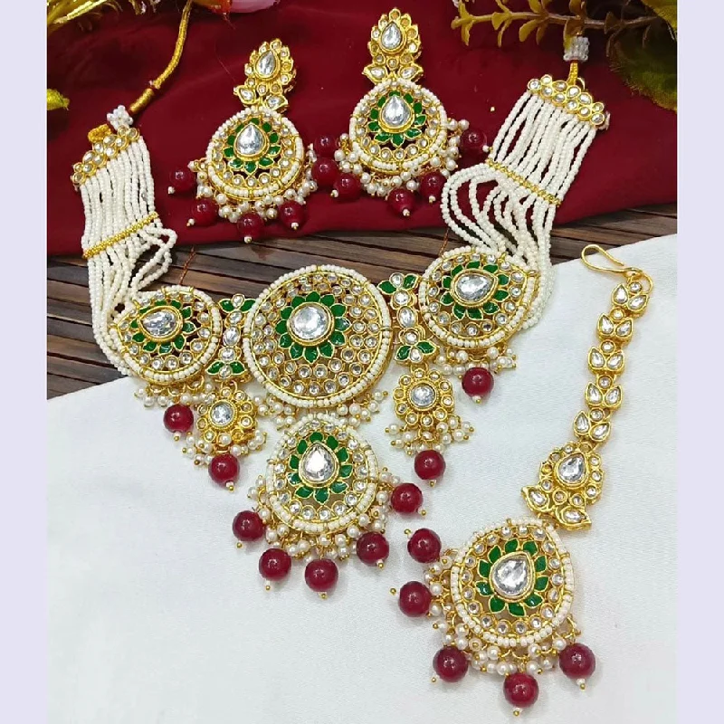 women’s celestial necklace-Sai Fashion Gold Plated Kundan Stone Beads And Pearls Meenakari Necklace Set