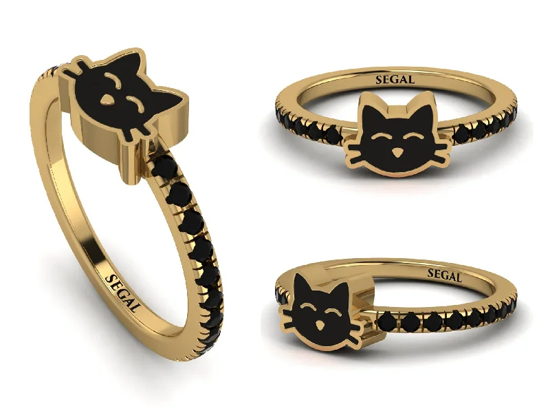 women’s simple engagement ring-Elegant Enamel Cat Black Diamond Ring - Cat No. 7