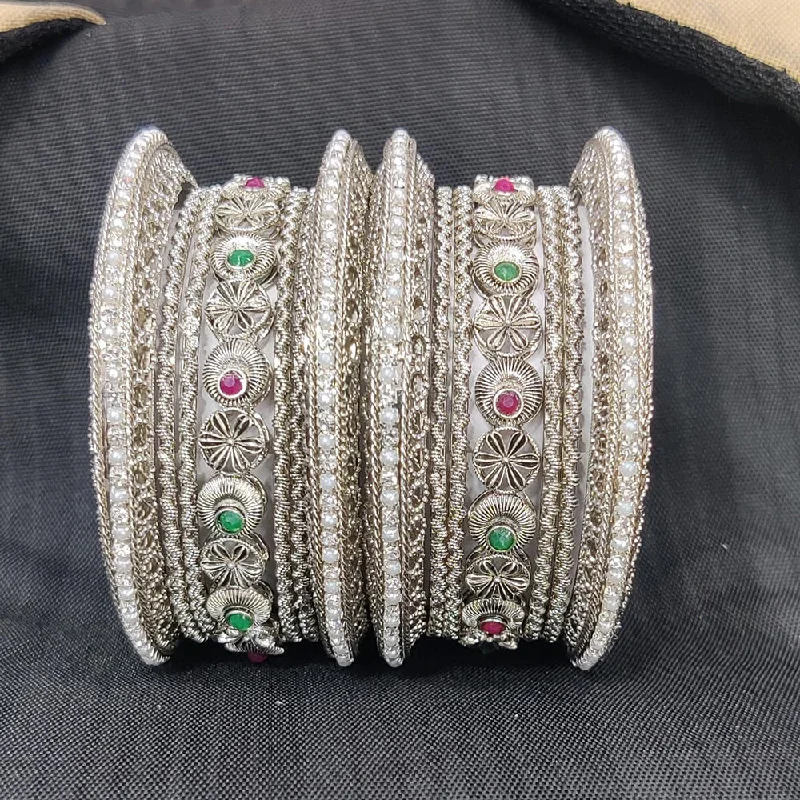 women’s rose gold bangles-Pooja Bangles Silver  Plated Pota Stone And Pearl Bangles Set