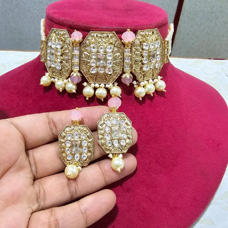 women’s bridal necklace-JCM Gold Plated Polki Kundan Stone Pearls Choker Necklace Set