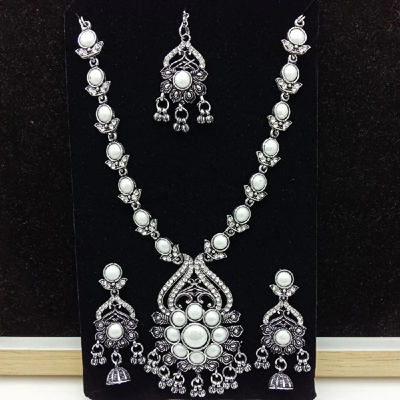 women’s wedding necklace-SP Jewellery Oxidised Plated Pearl And Austrian Stone Necklace Set