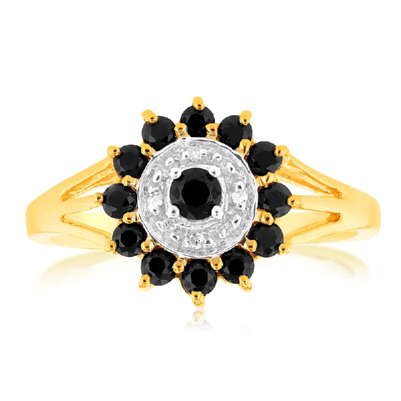 women’s round-cut engagement ring-Natural Dark Round Sapphire & Diamond Ring in 9ct Yellow Gold