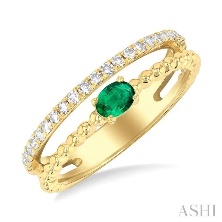 women’s halo engagement ring-1/5 ctw Round Cut Diamond and 4X3MM Oval Shape Emerald Precious Split Twin Ring in 10K Yellow Gold