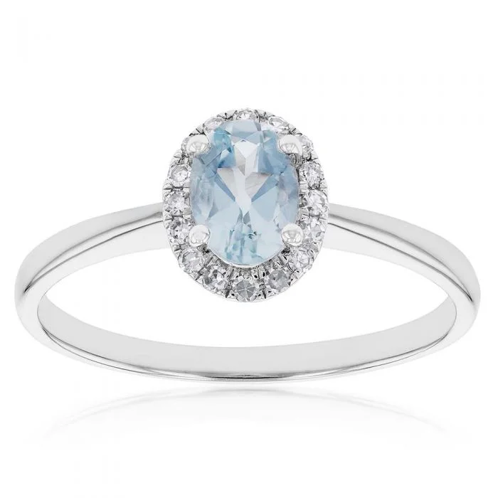 women’s cushion diamond engagement ring-9ct White Gold Aquamarine and 0.10 Carat Diamond Ring