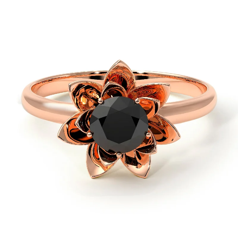 women’s round-cut engagement ring-Lotus Flower Solitaire Black Diamond Ring - Lotus no. 8