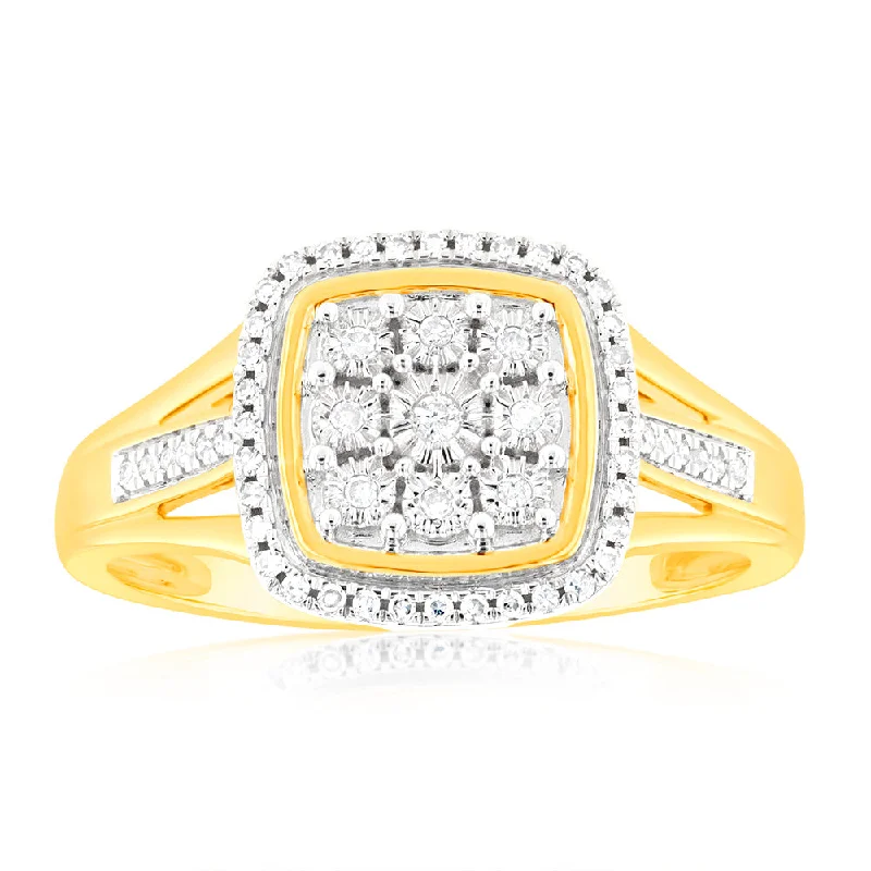 women’s engraved engagement ring-9ct Yellow Gold 1/5 Carat Diamond Ring with 57 Brilliant Cut Diamonds