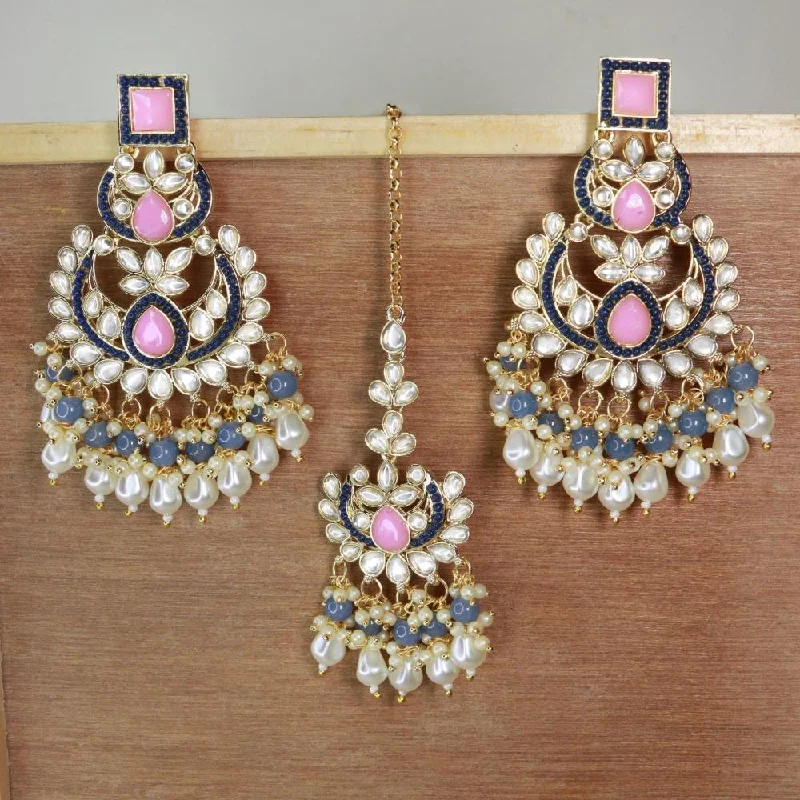 women’s teardrop earrings-Etnico Gold Plated Traditional Kundan & Pearl Chandbali Earrings with Maang Tikka Set for Women/Girls (TE3021Pemt)