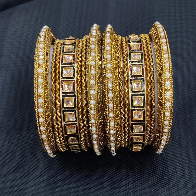 women’s stackable bangles-Pooja Bangles Gold Plated Crystal Stone And Pearl Bangles Set