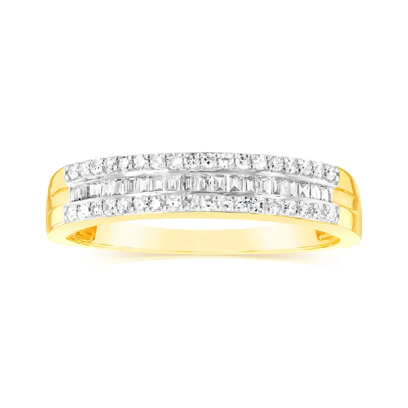 women’s eternity engagement ring-9ct Yellow Gold 1/3 Carat Diamond Ring with Channel Set Baguettes and Claw Set Round Brilliant Side Diamonds