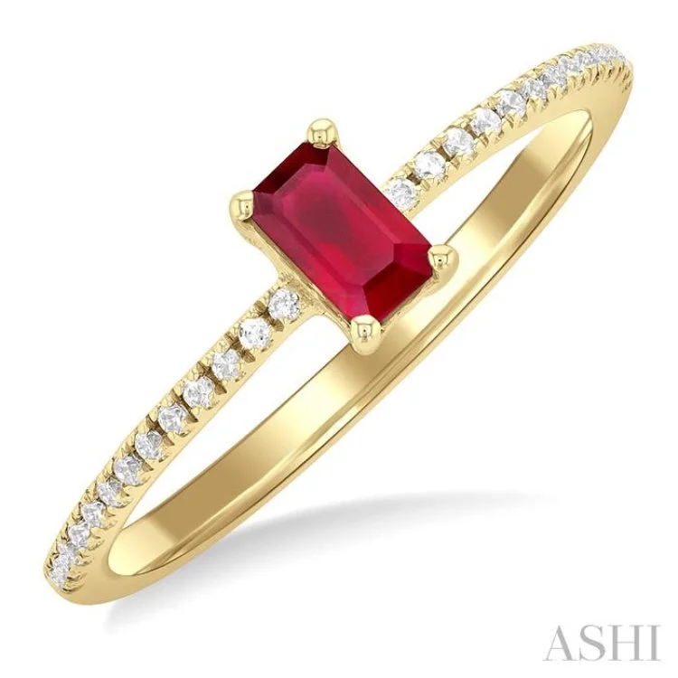 women’s crystal ring-1/10 ctw Petite 5X3MM Emerald Cut Ruby and Round Cut Diamond Precious Fashion Ring in 10K Yellow Gold