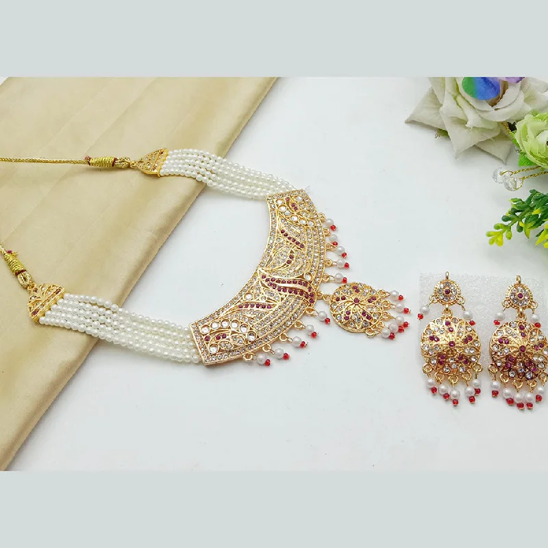 women’s beaded necklace-SP Jewellery Gold Plated Austrian Stone And Pearls Necklace Set