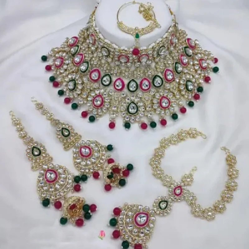 women’s butterfly necklace-Neetu Art Gold Plated Kundan Stone And Beads Semi Bridal Necklace Set