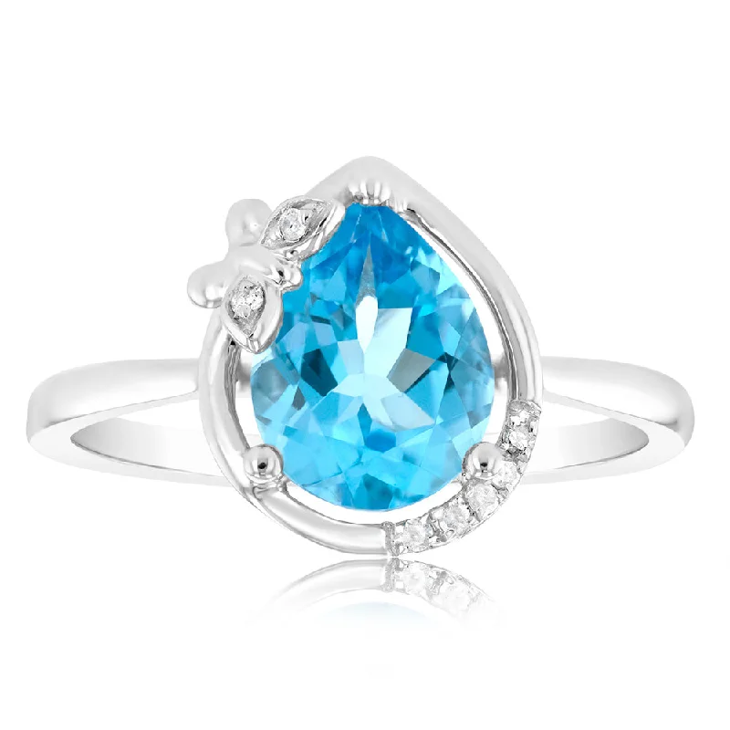 women’s modern engagement ring-9ct White Gold Natural Blue Topaz And Diamond Ring