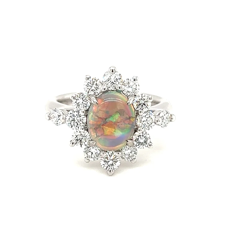 women’s opal and diamond engagement ring-Pre-Owned Platinum Black Opal & Diamond Ring