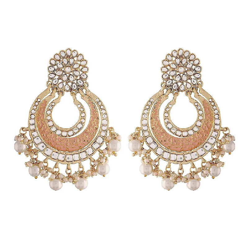 women’s gemstone chandelier earrings-Etnico 18k Gold Plated Enamel/Meenakari Big Chandbali Earrings Glided With Kundan & Pearl for Women (E2860Pe)