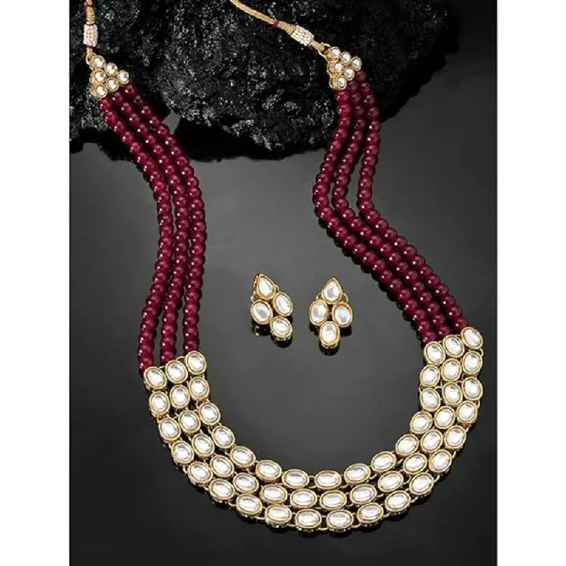 women’s rose gold pendant necklace-Etnico Gold Plated Traditional Stunning White Kundan Studded Layered Pearl Necklace Jewellery Set with Earrings For Women/Girls (IJ376) (Maroon)