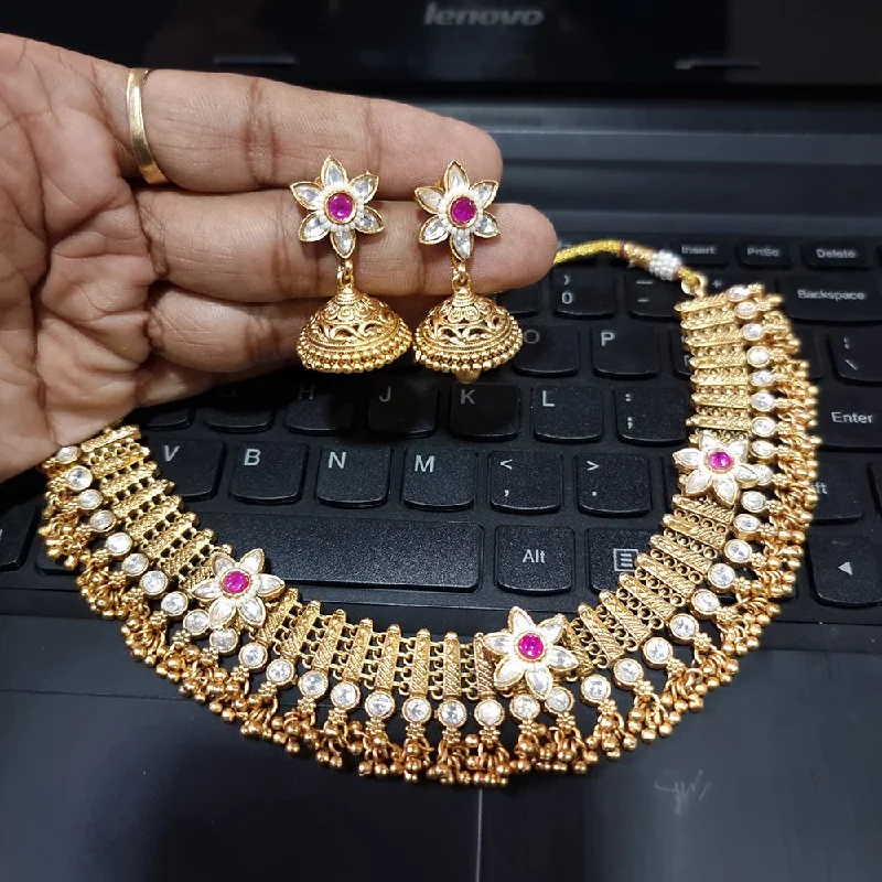 women’s geometric necklace-JCM Gold Plated Kundan Stone And Pearls Necklace Set