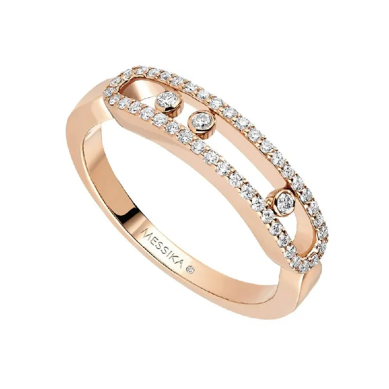 women’s yellow gold engagement ring-18ct Pink Gold Baby Move Three Moving & Pave Set Diamond Ring