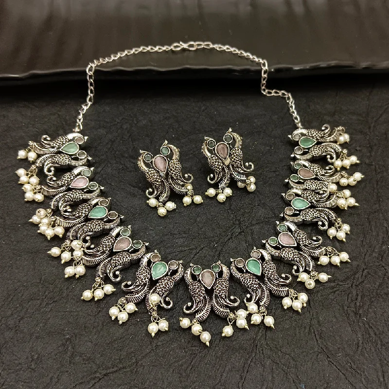 women’s art deco necklace-Deep Jewell Oxidised Plated Pearl Necklace Set