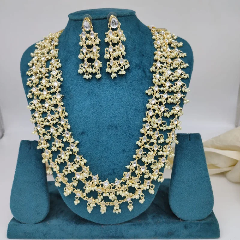 women’s minimalistic necklace-Akruti Collection Gold Plated Kundan And Pearl Multi Layer Long Necklace Set