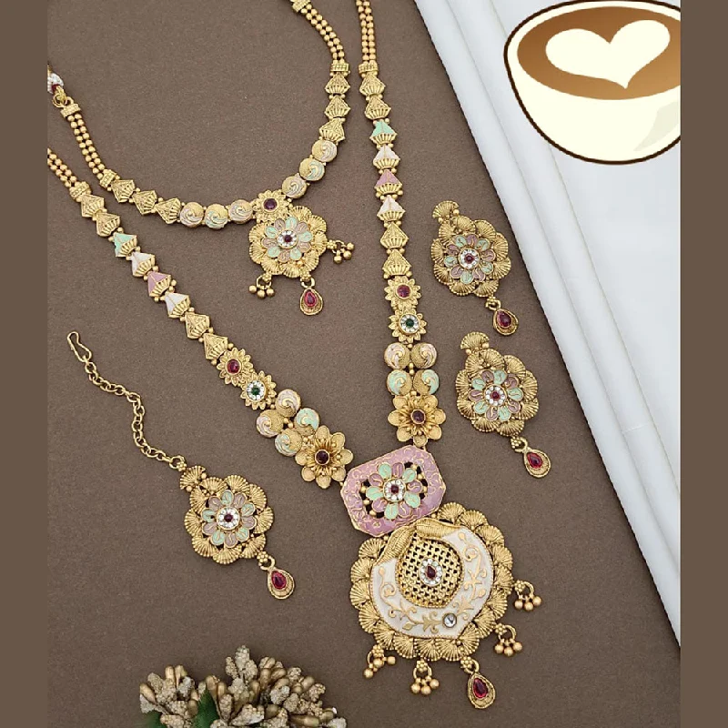 women’s zodiac necklace-FS Collection Gold Plated Pota Stone And Meenakari Double Necklace Set