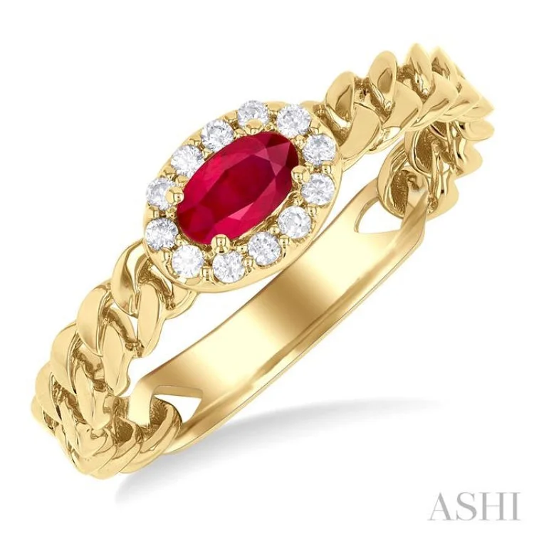 women’s stackable rings-1/10 ctw Cuban Link East-West 5X3MM Oval Cut Ruby and Round Cut Diamond Halo Precious Ring in 10K Yellow Gold