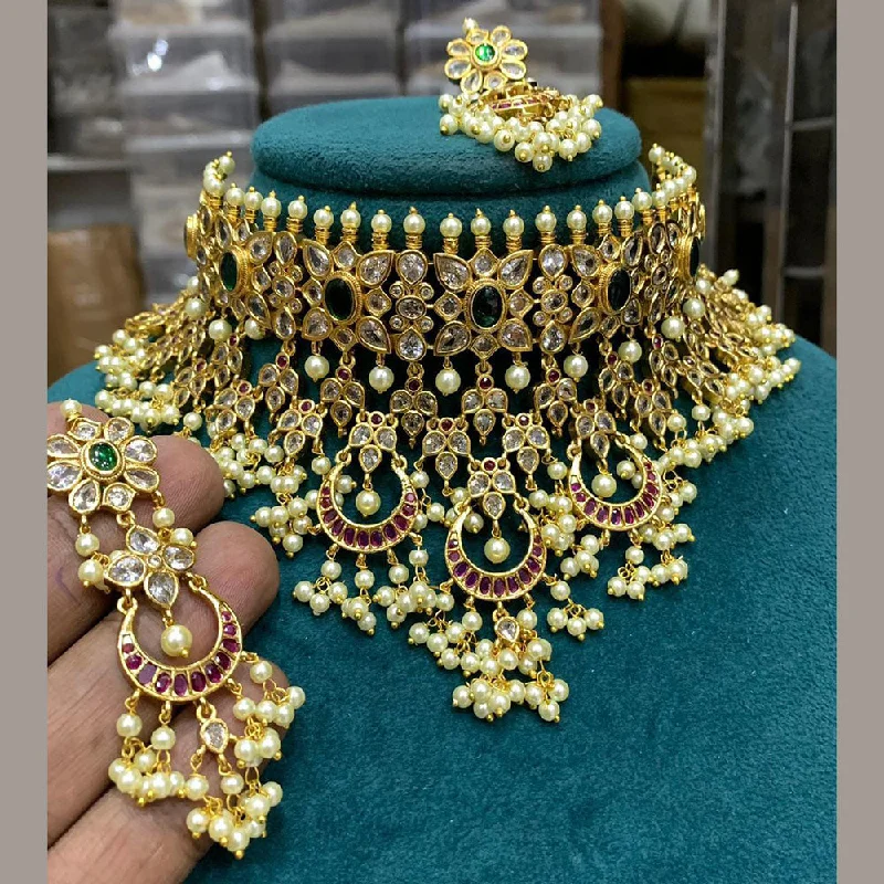 women’s heart-shaped necklace-Royal Kundan Jewellery Gold Plated Polki Kundan And Pearls Choker Necklace Set