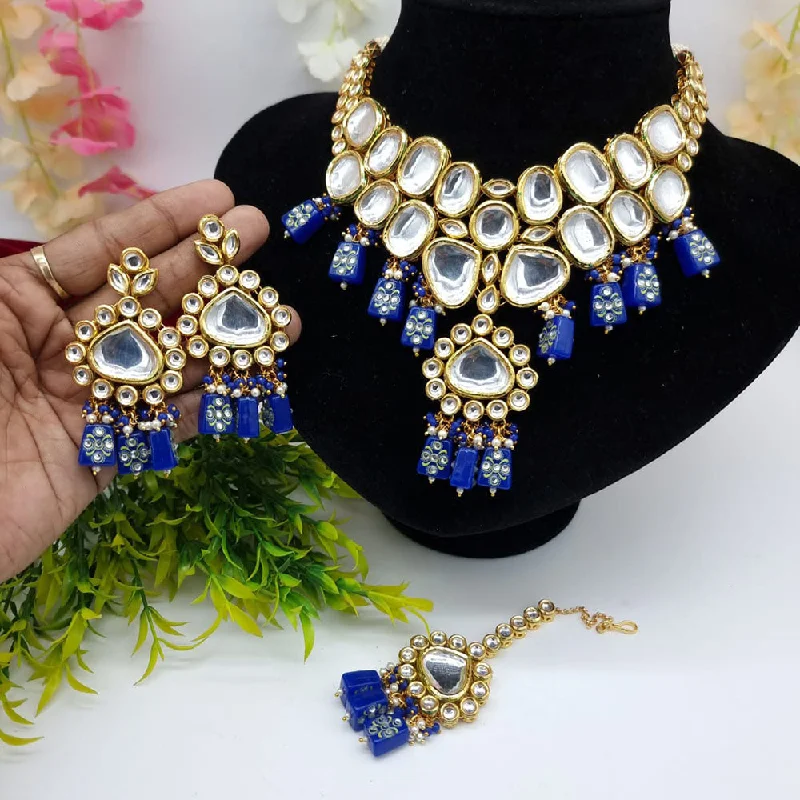 women’s crystal necklace-JCM Gold Plated Kundan Stone And Beads Necklace Set