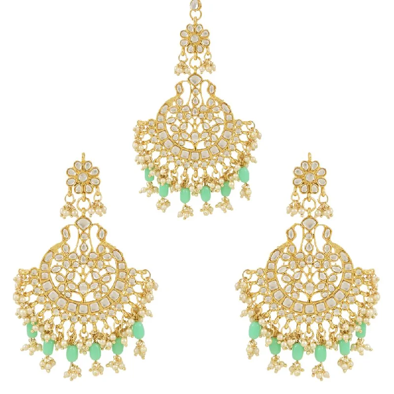 women’s vintage gold earrings-Etnico Gold Plated Traditional Big Kundan & Pearl Chandbali Earrings with Maang Tikka Set for Women/Girls (TE3013Min)