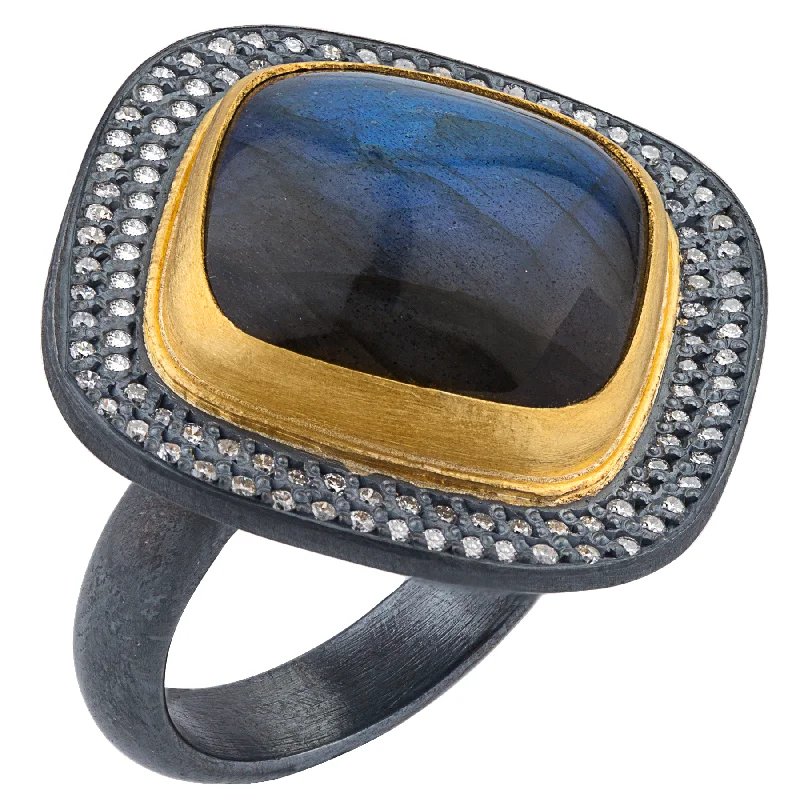 women’s radiant cut gemstone engagement ring-Lika Behar "Nightfall" Labradorite Grey Diamond Ring 24K Gold & Oxidized Silver