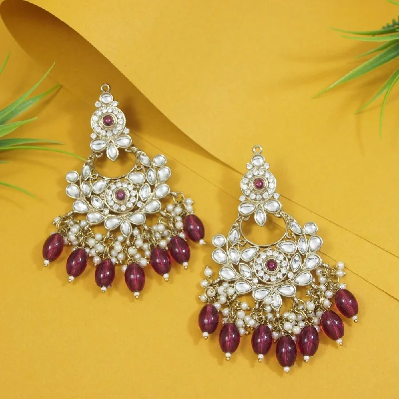 women’s moonstone earrings-Etnico Gold Plated Traditional Kundan & Pearl Chandbali Earrings For Women (E3156Wi)