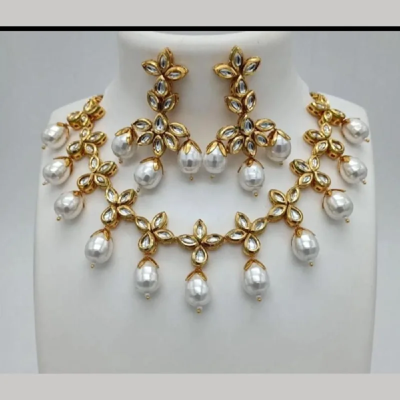 women’s diamond necklace-FS Collection Gold Plated Kundan Stone And Pearls Necklace Set