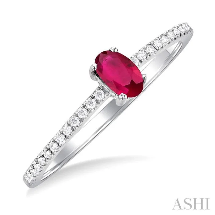 women’s solitaire ring-1/10 ctw Petite 5X3MM Oval Cut Ruby and Round Cut Diamond Precious Fashion Ring in 10K White Gold