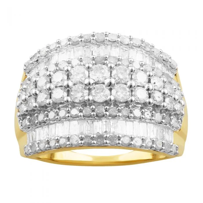 women’s bridal engagement ring-9ct Yellow Gold 2 Carat Diamond Ring with Brilliant and Baguette Cut Diamonds