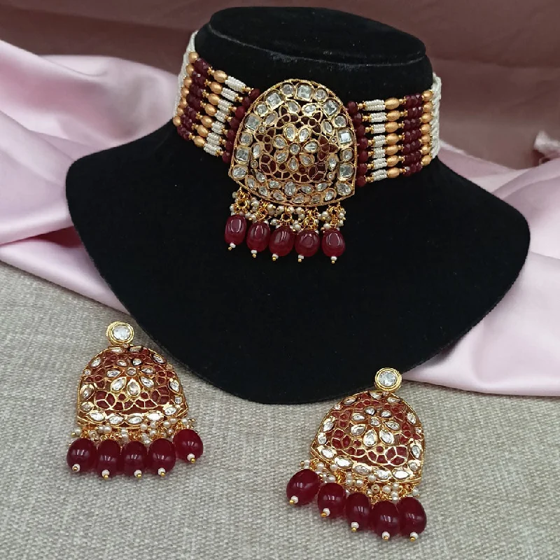 women’s charm gold necklace-Amoliya Jewels Gold Plated Polki Kundan Stone And Beads Choker Necklace Set