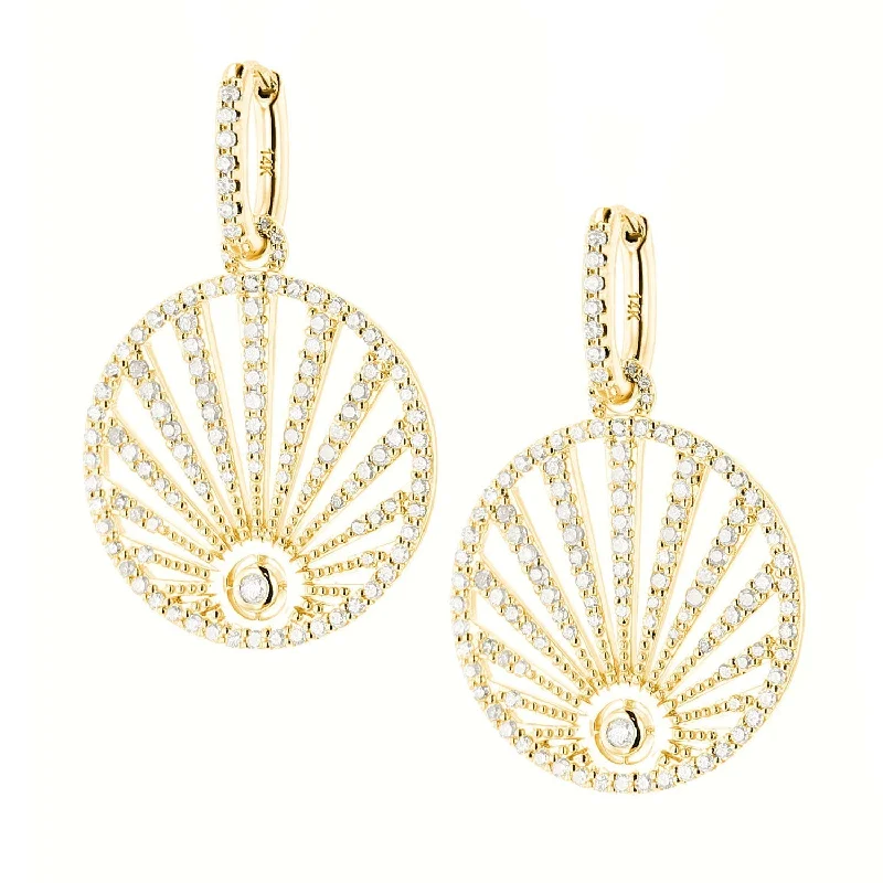 women’s chandelier gold earrings-14K Pave Diamond Sunrise Earrings on Oval Huggie Hoops  EG000267