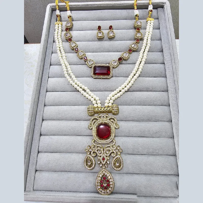 women’s sapphire pendant necklace-JCM Gold Plated Polki Kundan Stone Double Necklace Set