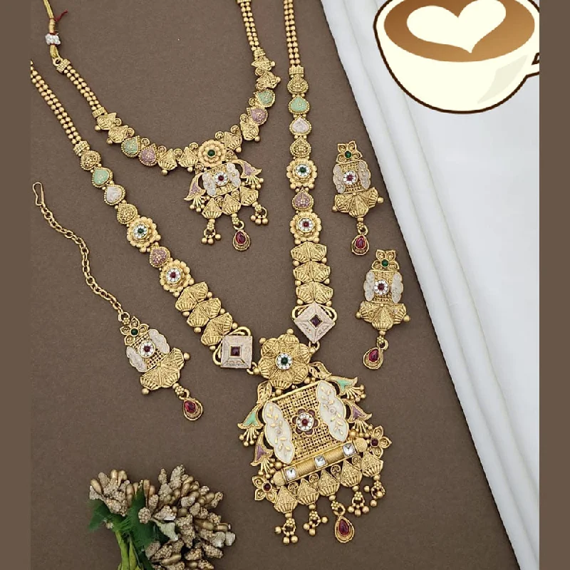 women’s pearl and diamond necklace-FS Collection Gold Plated Pota Stone And Meenakari Double Necklace Set