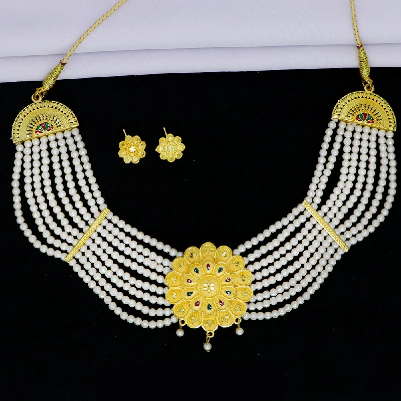 women’s bridal necklace-Mahavir Gold Plated Pearls Meenakari Necklace Set