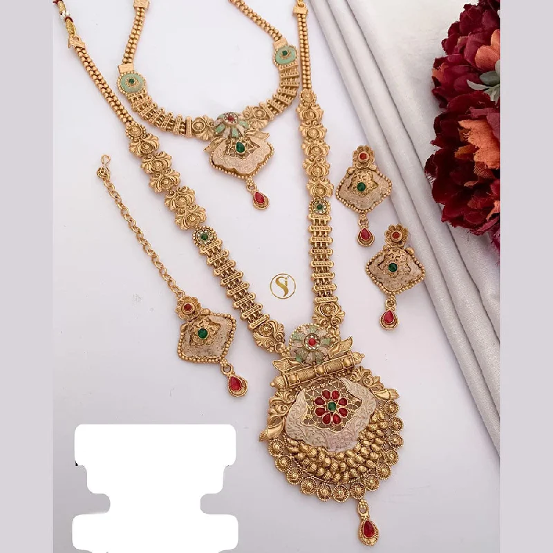 women’s infinity diamond necklace-FS Collection Gold Plated Pota Stone And Meenakari Double Necklace Set