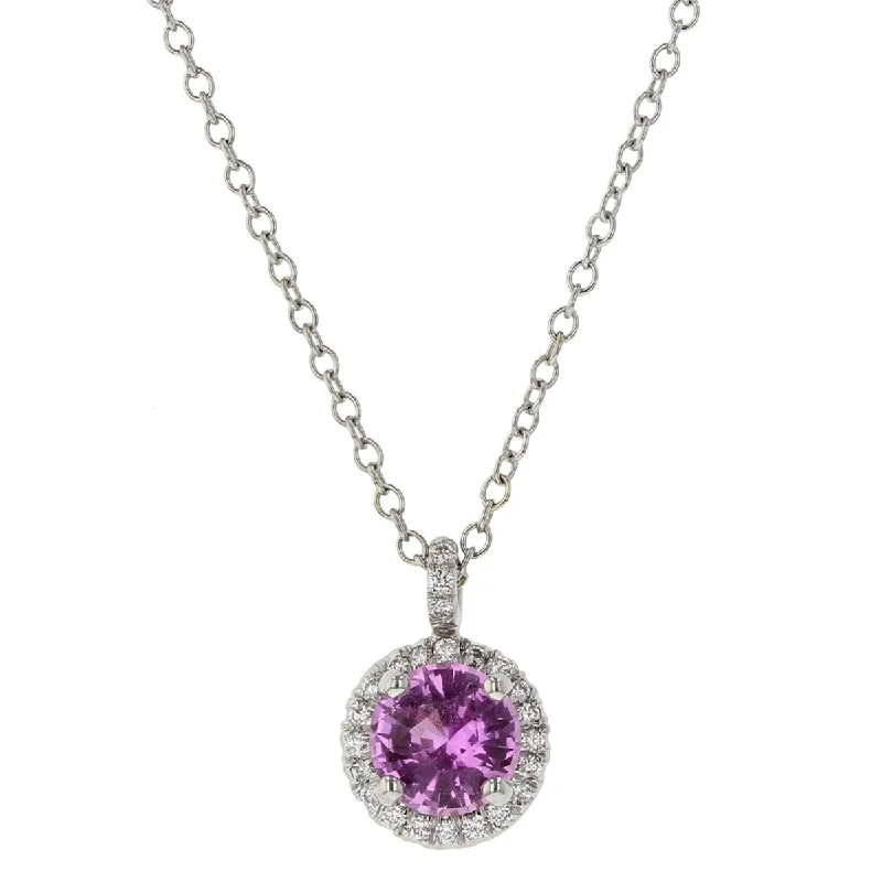 women’s choker necklace-Pink Sapphire and Diamond Halo Pendant Necklace